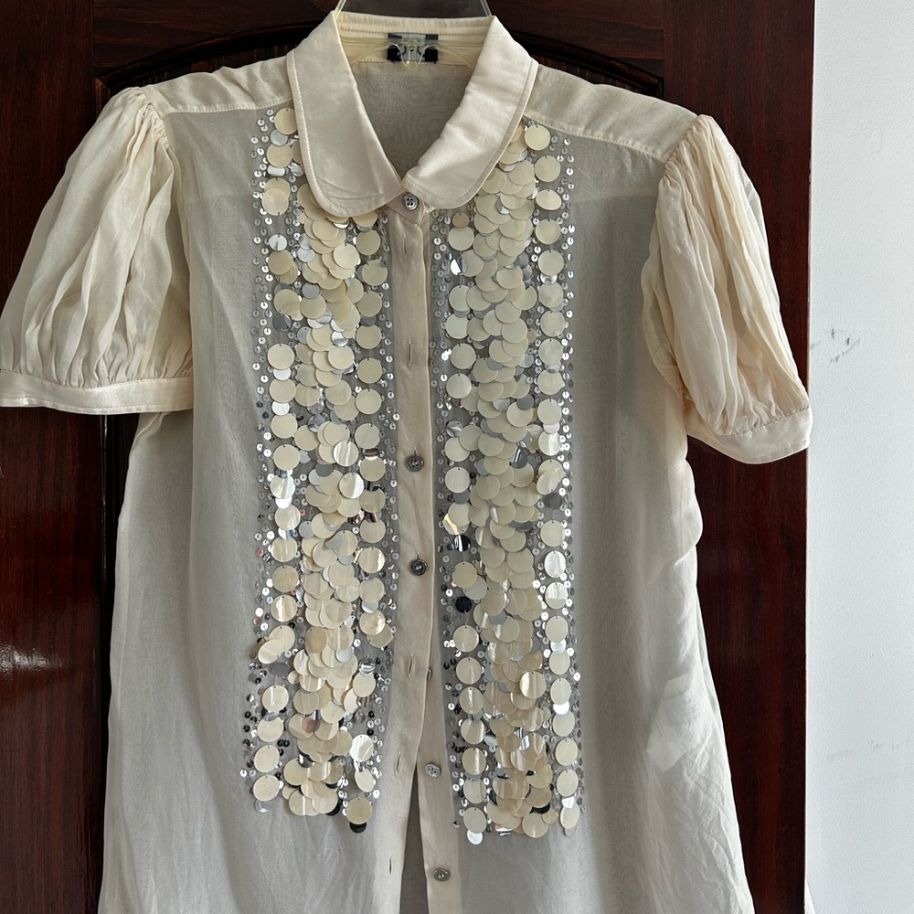 Dolce and Gabanna VINTAGE button down shirt in ivory with round big sequin